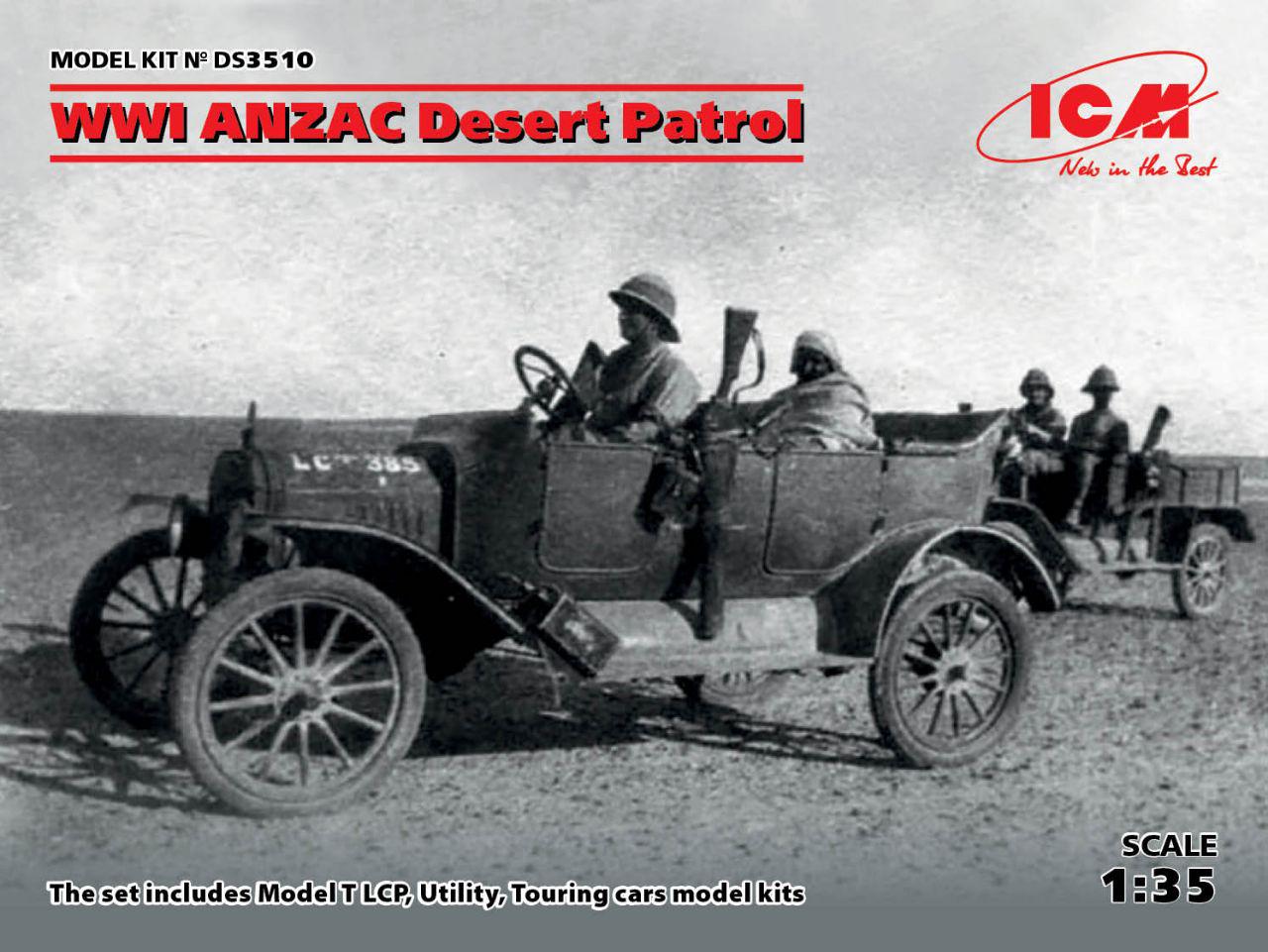 1/35 Wwi Anzac Desert Patrol (Model T Lcp, Utility, Touring) DS Modellismo Wwi Anzac Desert Patrol scala 1/35 ICM