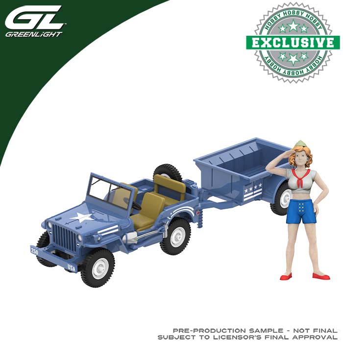 1943 Willys MB Jeep con Cargo Trailer e Figura Military Pin-Up Girl - America 250 Edition DS Modellismo 1943 Willys MB Jeep Cargo Trailer scala 1:64