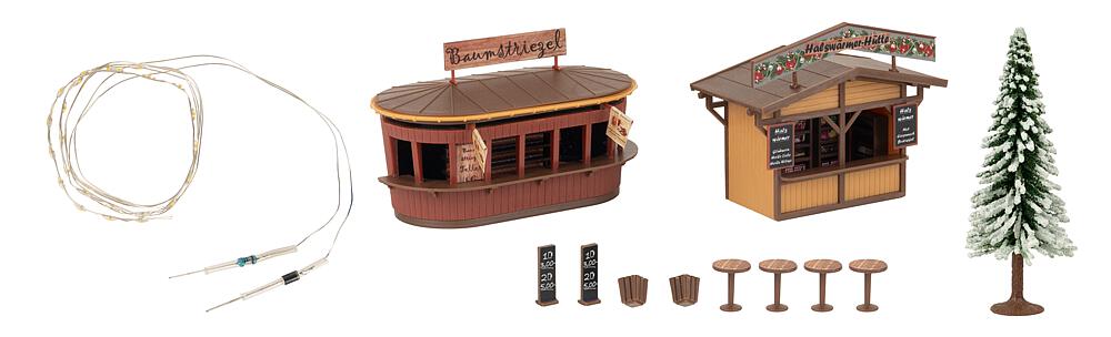 2 Bancarelle del mercatino di Natale con albero illuminato Scala H0 DS Modellismo 2 Bancarelle del mercatino scala H0
